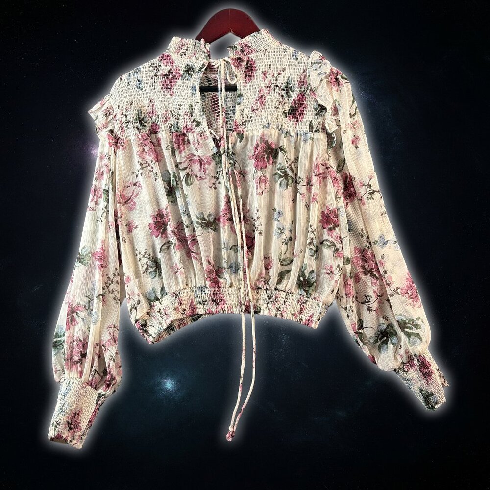 Olivaceous Beige Stretch Long Sleeve Floral Polyester Blouse Women's Size Medium